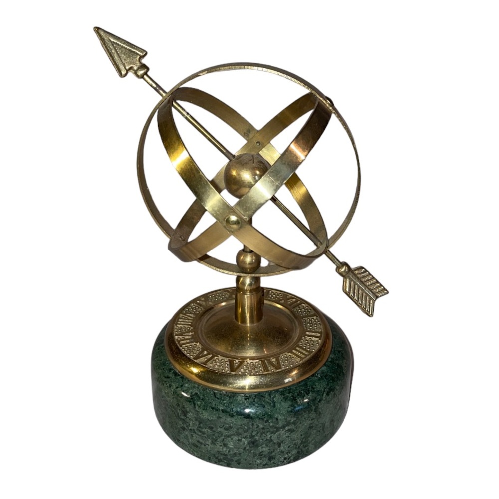 60s Vintage Brass Armillary Sphere Arrow Granite Base Nautical Decor Globe 7.25"
